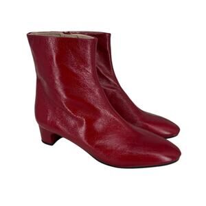 Zara Red Leather Ankle Boots Mid Heel Mid Century Modern Style Size 37